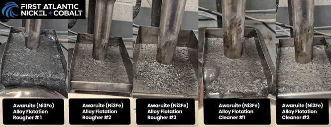 Preliminary metallurgical test of composite material from RPM zone at Pipestone XL project undergoing flotation testing, picture showing the multi-stage process of flotation including rougher and cleaning phases to isolate and concentrate the nickel-iron-cobalt alloy metal.