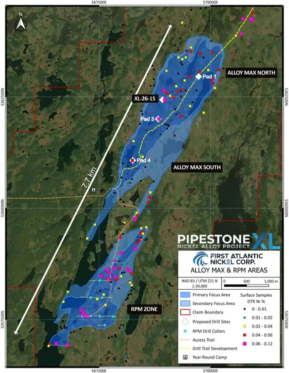 Map of the Alloy Max and RPM Zone areas showing DTR nickel (%) in surface rock samples, including 2026 Alloy Max drill pad locations and the RPM 2025 drill holes.