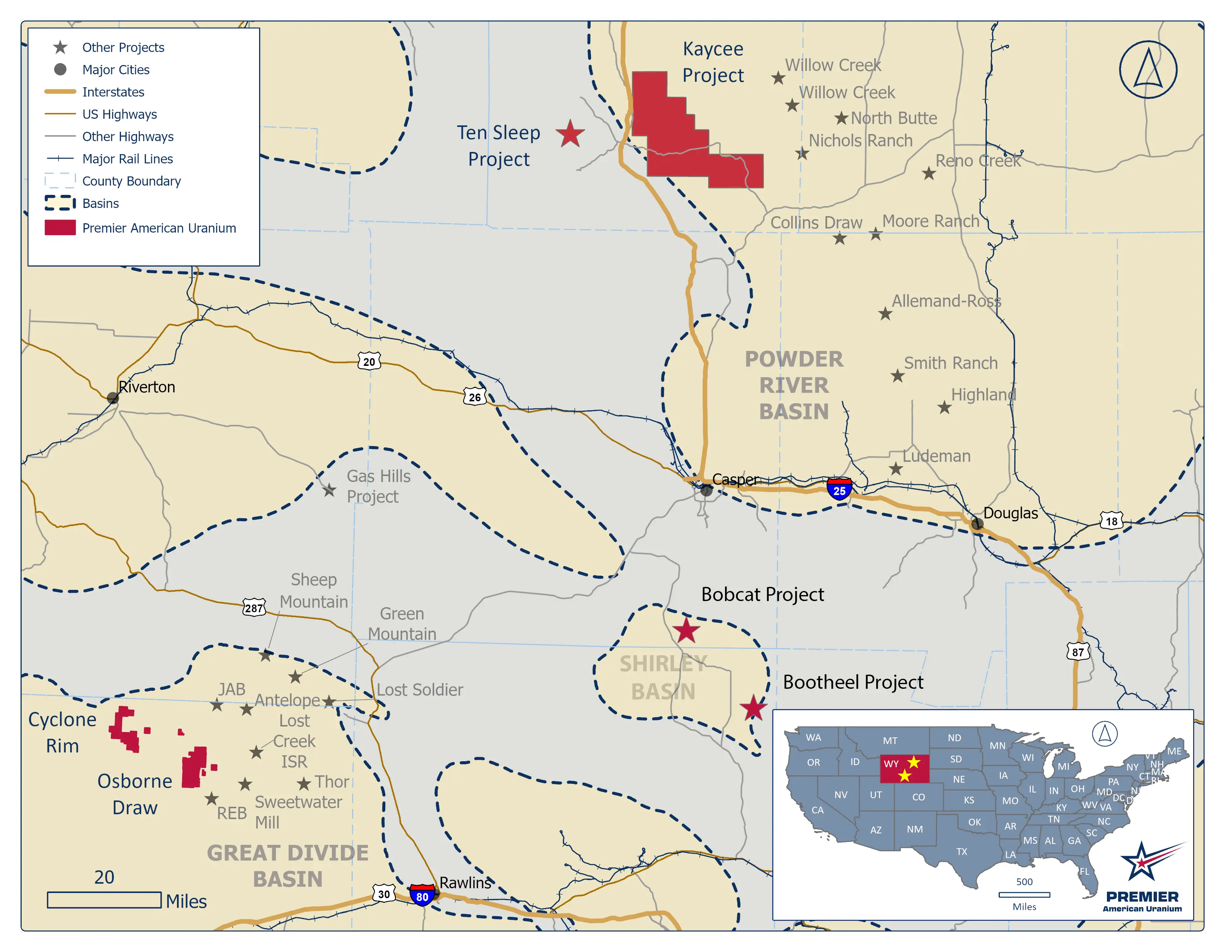 PUR’s Wyoming exploration portfolio, highlighting the Kaycee Project in the Powder River Basin and the Cyclone Project in the Great Divide Basin.