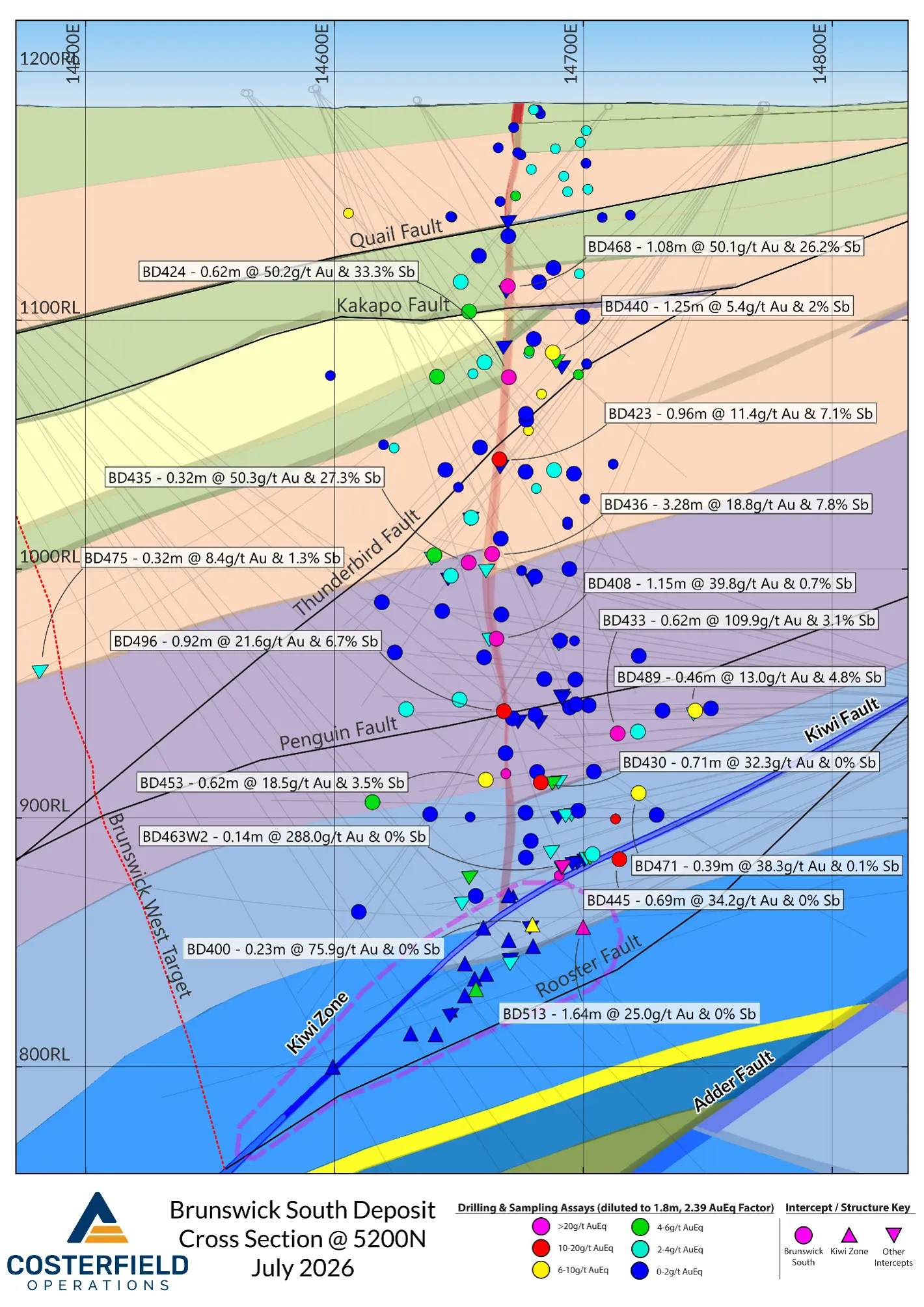 Cross section of the Brunswick South deposit with the Costerfield Leapfrog geology model sliced at 5200N, where the greatest number of new high-grade intercepts are located. The spread of intercepts away from the model slice is due to the strike of the Brunswick South deposit being approximately 15 degrees east of mine grid north (as seen in Figure 3).