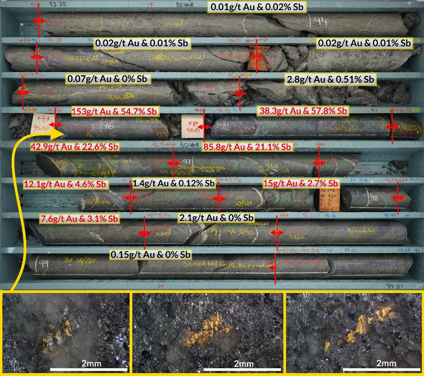 Core tray photograph of the Brunswick South intercept of BD468 (50.1g/t gold and 26.2% antimony over 2.17m - ETW 1.08m) exhibiting the shear-associated, stibnite rich character typical to the Brunswick deposit above the Kiwi Zone. Zonation of sulphide wallrock alteration, from fine grained arsenopyrite proximal to the high grade veins to more distal blebby aggregates of pyrite may also be discerned. Photomicrographs of gold clusters within quartz and stibnite from the richest segment of the intercept are also shown.