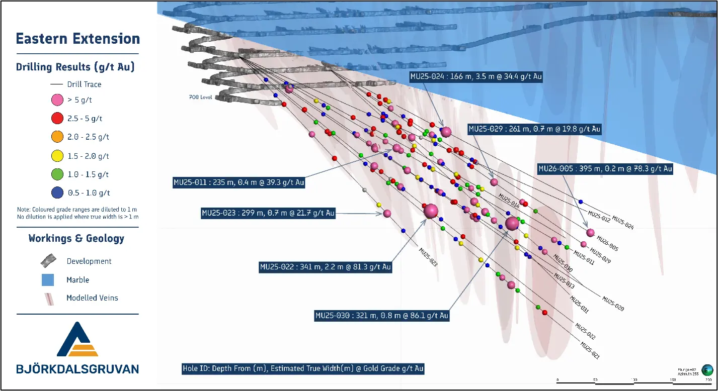 Oblique view to the WSW highlighting results from the most recent drilling campaign along the eastern flank of the underground mine.
