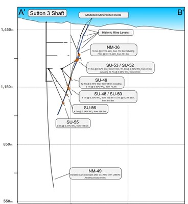 Figure 1. Cross section of historical drill intercepts of mineralized Sutton skarn beds, Sutton 3 shaft and Sutton underground workings located on private land. (CNW Group/Blue Moon Metals)