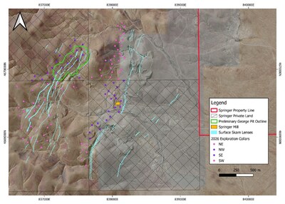 Figure 2. Collar location map by quadrant and land ownership, showing Blue Moon drill collars on private land (purple) and BLM unpatented lode claim land (pink). (CNW Group/Blue Moon Metals)