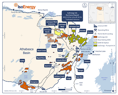 Figure 2 – Location of IsoEnergy claims in the Athabasca Basin added in 2026 through staking and through an option agreement with GEM Oil Inc. Figure 2 – Location of IsoEnergy claims in the Athabasca Basin added in 2026 through staking and through an option agreement with GEM Oil Inc.