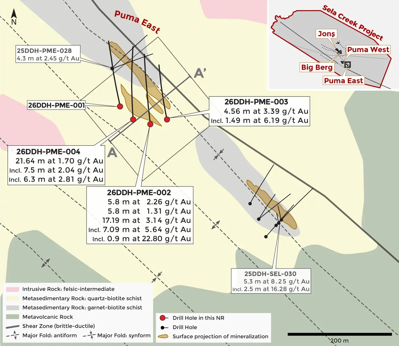 Plan view of Puma East. Note the location of geological section A-A’ of figure 3. The dashed lines depict fold axis that trend towards 2025 drilling