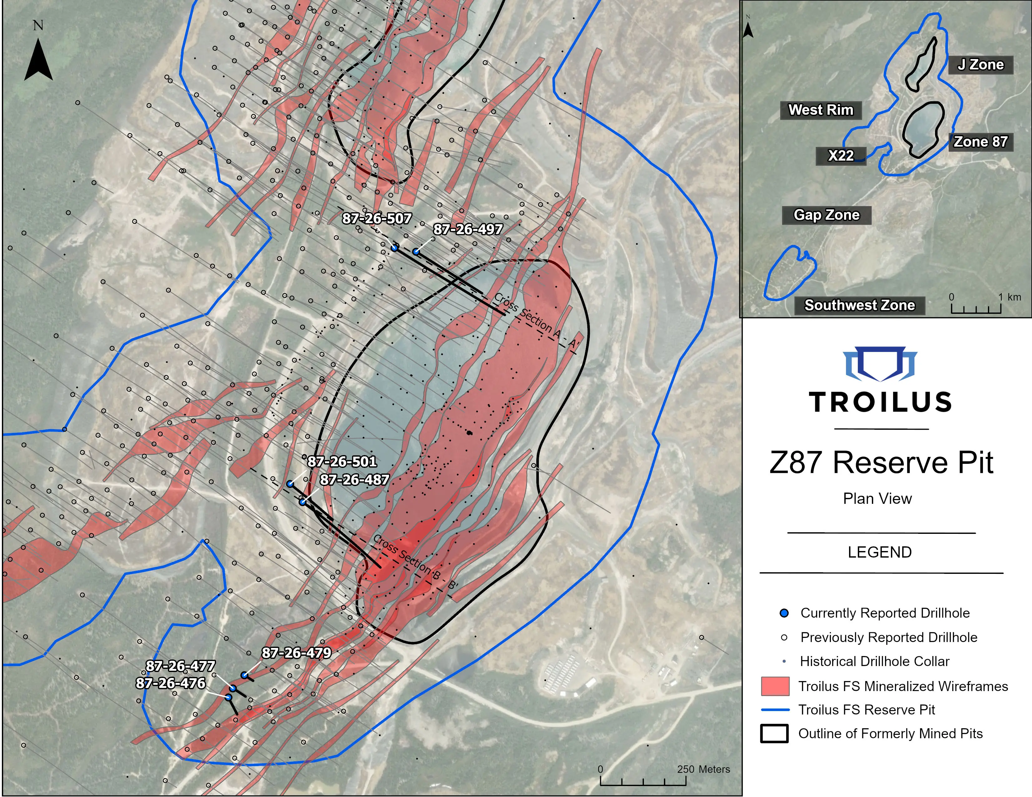 Carte en plan montrant l’emplacement des trous de forage annoncés à Z87