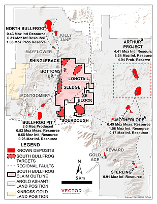 Figure 1 - The South Bullfrog Project is centrally located in the Beatty District surrounded by AngloGold’s Bullfrog, North Bullfrog and Arthur development projects.1  For a complete summary of Anglo Gold’s resources and reserves see Table 1 (below).