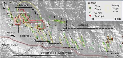 Figure 2. Location of the principal hematite/magnetite-bearing copper-gold veins at Solana.