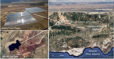 Figure 1. Location of the Solana IOCG project in the Province of Almeria, SE Spain, together with the proximity of the Alquife iron-ore mine, the Andasol solar plant, and the Cueva wind farm.