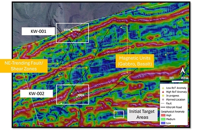 Figure 3. Locations of the initial drill holes at Killerö W (KW-001 and KW-002), overlain on the Company’s high-resolution drone magnetic data. Figure 3. Locations of the initial drill holes at Killerö W (KW-001 and KW-002), overlain on the Company’s high-resolution drone magnetic data.