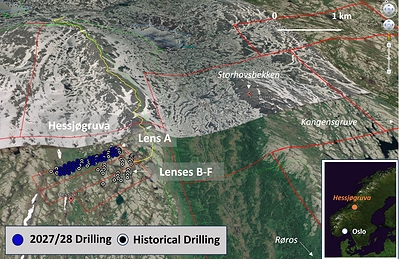 Figure 1. Location of the Hessjøgruva Cu-Co-Zn project in central Norway. Planned drill holes for the 2027/28 field seasons in Lens A are indicated in blue, together with the locations of historical drill holes in Lenses A-F. Oblique view of 3D Google Earth image, viewed to the N-NE. Figure 1. Location of the Hessjøgruva Cu-Co-Zn project in central Norway. Planned drill holes for the 2027/28 field seasons in Lens A are indicated in blue, together with the locations of historical drill holes in Lenses A-F. Oblique view of 3D Google Earth image, viewed to the N-NE.