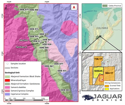 Figure 1. Plan view location of the selected drill holes for the current resampling program. Location of cross-sections 1 and 2. Figure 1. Plan view location of the selected drill holes for the current resampling program. Location of cross-sections 1 and 2.