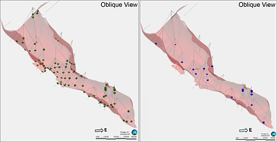Figure 4. Oblique view of the 3D geological model of the mineralized domain. Historical drill hole intercepts are shown in green on the left, and samples included in the current resampling program are shown in blue on the right. Figure 4. Oblique view of the 3D geological model of the mineralized domain. Historical drill hole intercepts are shown in green on the left, and samples included in the current resampling program are shown in blue on the right.