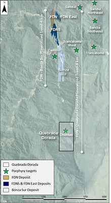 Figure 1: Map showing the FDN District mineral footprint with the FDN, FDNS, FDN East, Bonza Sur deposits and Quebrada Dorada discovery. Figure 1: Map showing the FDN District mineral footprint with the FDN, FDNS, FDN East, Bonza Sur deposits and Quebrada Dorada discovery.