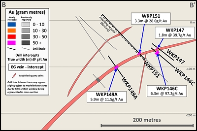 Figure 4: Cross section 2 (looking NE) with drill results from the EG Vein and EG Vein interpretation Figure 4: Cross section 2 (looking NE) with drill results from the EG Vein and EG Vein interpretation