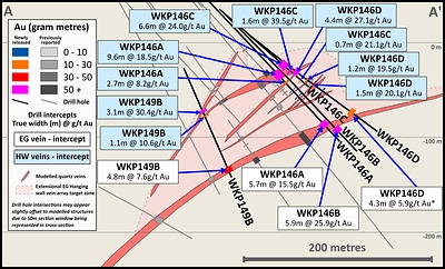 Figure 5: Cross section 1 (looking NE) with drill results from the EG and EG HW Veins and EG Vein zone interpretation Figure 5: Cross section 1 (looking NE) with drill results from the EG and EG HW Veins and EG Vein zone interpretation