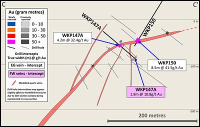 Figure 3: Cross section 3 (looking NE) with drill results from the EG and EG FW Veins and EG Vein zone interpretation Figure 3: Cross section 3 (looking NE) with drill results from the EG and EG FW Veins and EG Vein zone interpretation
