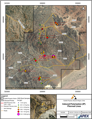 Figure 2. Planned 2026 IP survey lines at Castilla Property, showing the twelve pole-dipole lines over six vein-hosted target areas, with the initial lines TV01 and TV02 (red) over the area that returned 53.8 g/t Au. Circles show 2025 rock sample locations graded by gold content.