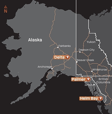 Figure 1: Map showing location of Vizsla Copper’s Palmer Project in relation to Delta and Helm Bay. Figure 1: Map showing location of Vizsla Copper’s Palmer Project in relation to Delta and Helm Bay.