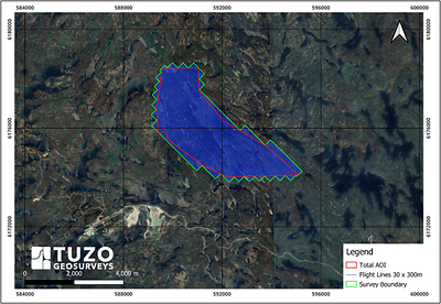 Figure 2: Planned UAV survey coverage showing the area of interest (red), the survey boundary (green) and the 30-metre flight lines with 300-metre tie lines (blue), NAD83 UTM Zone 13N Figure 2: Planned UAV survey coverage showing the area of interest (red), the survey boundary (green) and the 30-metre flight lines with 300-metre tie lines (blue), NAD83 UTM Zone 13N