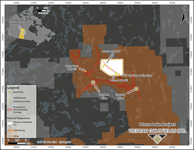 Figure 3: Regional setting of the Munro Lake Project, showing the prospective mineralization corridor extending from SSR Mining’s Seabee and Santoy mines onto Wescan’s claims** Figure 3: Regional setting of the Munro Lake Project, showing the prospective mineralization corridor extending from SSR Mining’s Seabee and Santoy mines onto Wescan’s claims**