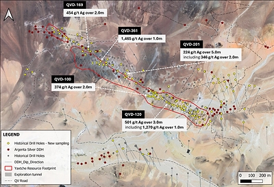 Figure 4. Location of the 171 re-evaluated historical drill holes in the Quevar Sur sector (covering the Carmen, Mani, and Carolina targets, as well as the Yaxtché Deposit), highlighting key intervals with previously unsampled silver mineralization.
