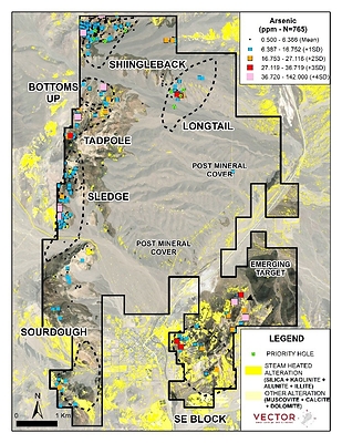 Figure 3 – Priority drill hole locations (Shingleback and Longtail) and arsenic enhanced rock sample results from the South Bullfrog 20026 summer program, there have been 765 rock samples collected at South Bullfrog, 104 were collected as part of the 2026 summer exploration program. Figure 3 – Priority drill hole locations (Shingleback and Longtail) and arsenic enhanced rock sample results from the South Bullfrog 20026 summer program, there have been 765 rock samples collected at South Bullfrog, 104 were collected as part of the 2026 summer exploration program.