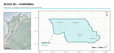 Figure 2. Location of Block 39 (Chaparral block), municipality of Chaparral, Department of Tolima, Colombia, and the sectors identified by the SGC as being of high mineral potential within the block. Geographic coordinates, WGS 84. Figure 2. Location of Block 39 (Chaparral block), municipality of Chaparral, Department of Tolima, Colombia, and the sectors identified by the SGC as being of high mineral potential within the block. Geographic coordinates, WGS 84.