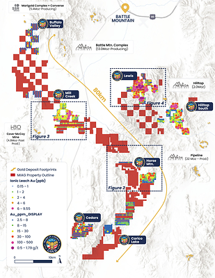 Figure 1: Battle Mountain area (BMA) portfolio map showing MIAG property outlines, gold-in-soil results, and Ionic Leach and conventional soil sample locations across the district. The BMA properties cover an 80 km near-continuous trend adjacent to several Tier 1 gold deposits and mines, including SSR Mining’s Marigold Complex, NGM’s Phoenix and Pipeline mines, and I-80 Gold’s Cove-McCoy Mine. Figure 1: Battle Mountain area (BMA) portfolio map showing MIAG property outlines, gold-in-soil results, and Ionic Leach and conventional soil sample locations across the district. The BMA properties cover an 80 km near-continuous trend adjacent to several Tier 1 gold deposits and mines, including SSR Mining’s Marigold Complex, NGM’s Phoenix and Pipeline mines, and I-80 Gold’s Cove-McCoy Mine.