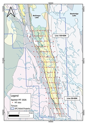 Figure 1: Geological map of the main Muskox Intrusion showing the 2026 Spartan MT ground survey site locations. Lines 150+00N and 30+00 are noted. Figure 1: Geological map of the main Muskox Intrusion showing the 2026 Spartan MT ground survey site locations. Lines 150+00N and 30+00 are noted.