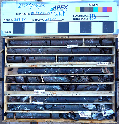 Photo 1: DH26CC-001, 283.5–291.0 m, wet whole core: veined and brecciated volcanic rock around the logged chrysocolla–cuprite occurrence. Visual observations only; assays pending.