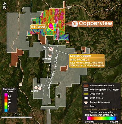 Figure 1. Map of the Copperview Project showing the location of the M5 target in relation to a regional magnetic-high lineament and Kodiak Copper’s MPD Project2. The untested M5 chargeability-high anomaly (250 m depth slice) is shown with survey lines from 2024 and 2025.