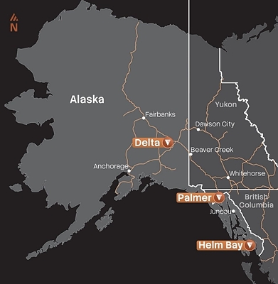 Figure 1: Map showing location of Vizsla Copper’s Palmer Project in relation to Delta and Helm Bay. Figure 1: Map showing location of Vizsla Copper’s Palmer Project in relation to Delta and Helm Bay.