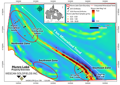 Figure 2: Munro Lake Project showing planned 2026 drill hole locations. Figure 2: Munro Lake Project showing planned 2026 drill hole locations.