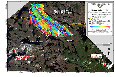 Figure 3: Location of the Southeast Zone (Figure 2) on the Munro Lake Project relative to SSR Mining’s Seabee and Santoy mines**, with the 2026 UAV magnetic survey (reduced-to-pole first vertical derivative) over WorldView-3 imagery and the target areas.